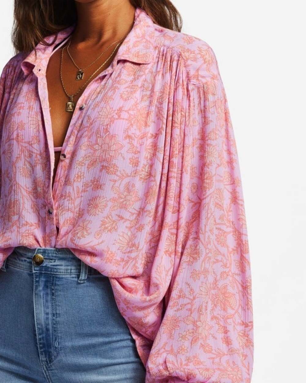 Billabong Small Day After Day Oversized Long Sleeve Shirt Pink Trails